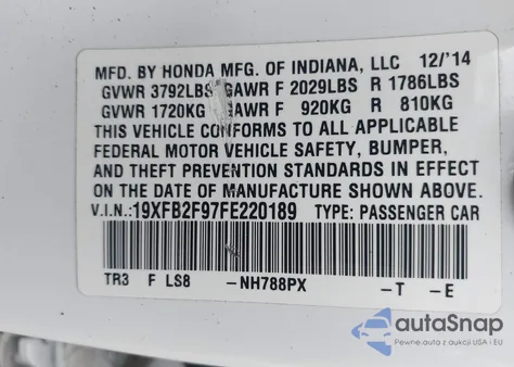 2015 Honda Civic Ex-L из США, поврежденный, VIN 19XFB2F97FE220189